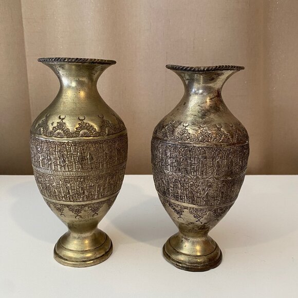 Antique 19th C. Chased Brass Vases Biedermeier Austria Persia 7.5 Set of 2‎ - Picture 1 of 7